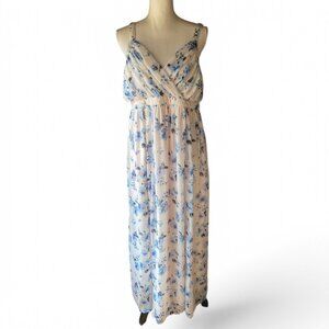 Motherhood Pink Blue Floral Chiffon Maxi Dress Gown Sweetheart Neckline M